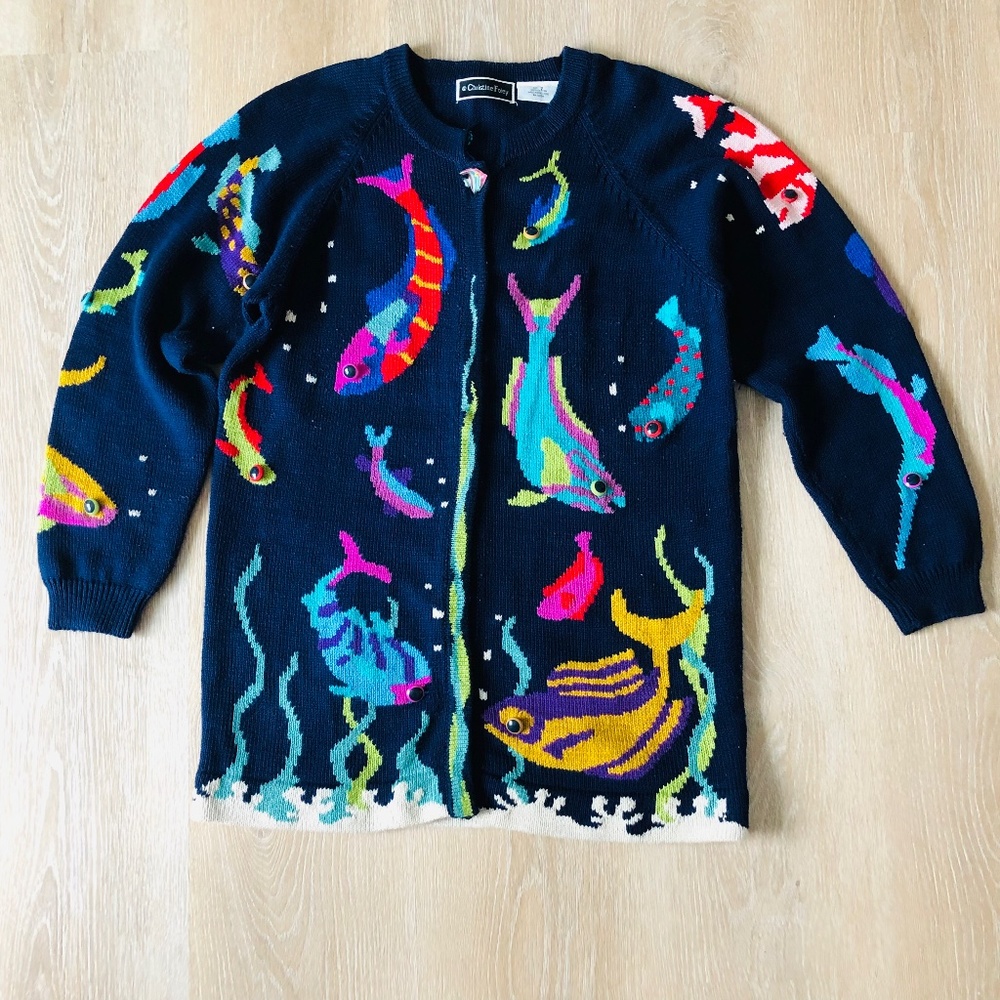 Christine Foley Cardigan Sweater Tropical Fish Hand Knitted size 3/L Embellished